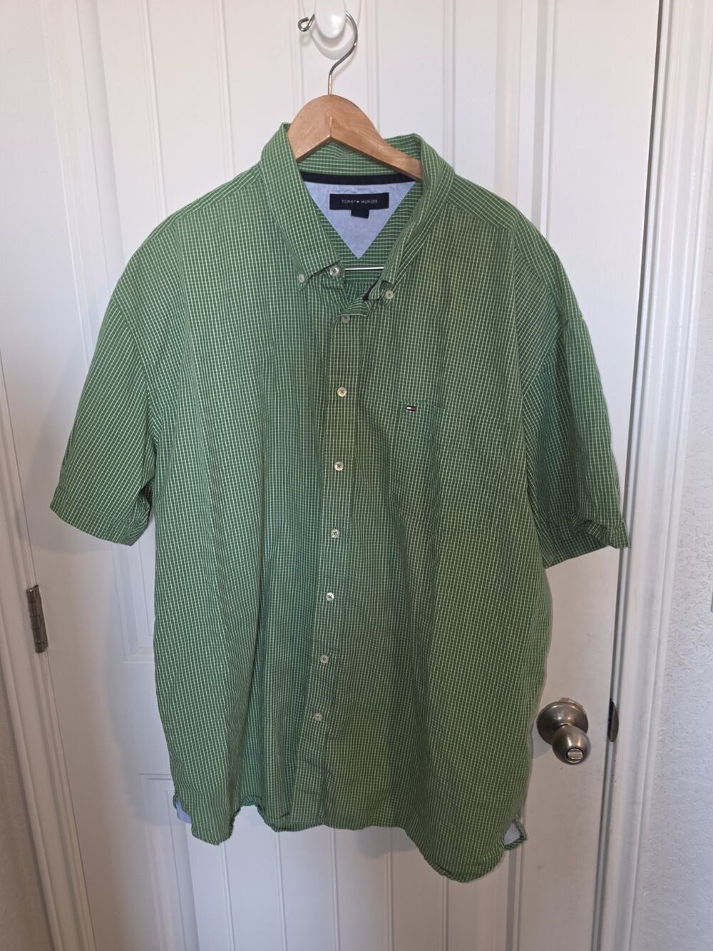 Tommy Hilfiger Men's XXL Green Check Short Sleeve Button Down Shirt Flag Logo